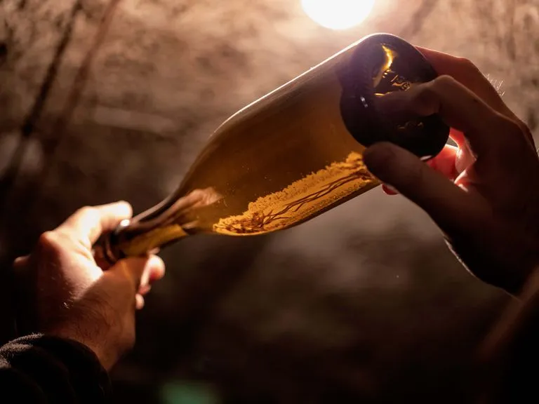 Esame del sedimenti in bottiglia di vino.