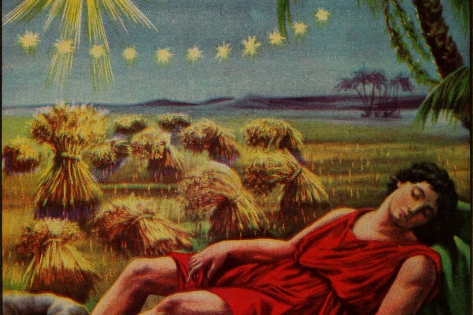 Illustrazione vintage di un uomo che riposa sotto le stelle.