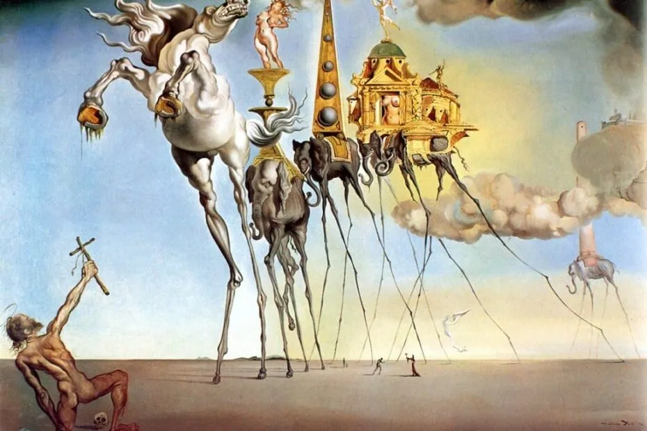 Quadro surrealista con elementi onirici e architettura.