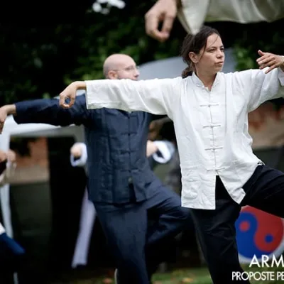 Pratica di Tai Chi all'aperto in gruppo.