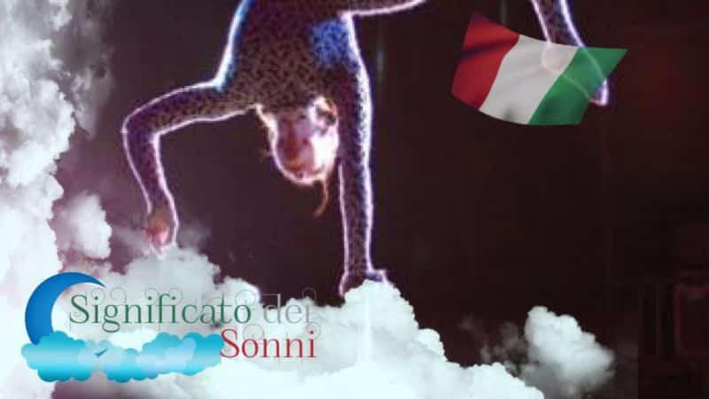 Persona acrobatica tra nuvole e bandiera italiana.