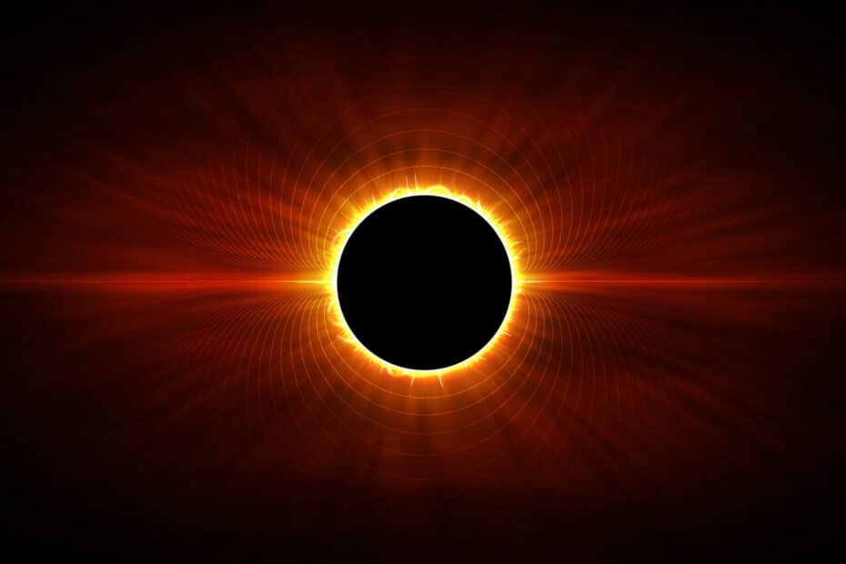Eclissi solare totale su sfondo scuro.