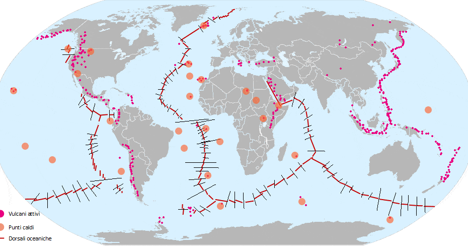 Mappa globale delle attività vulcaniche e dorsali oceaniche.