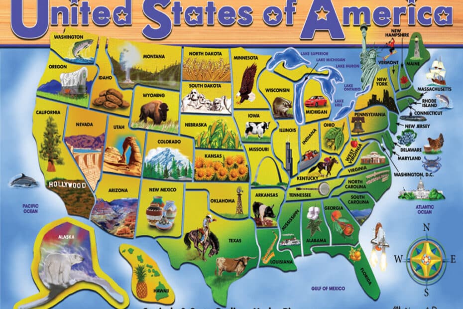 Mappa colorata degli Stati Uniti d'America per bambini.
