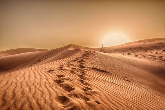 Tramonto sulle dune del deserto sabbioso.