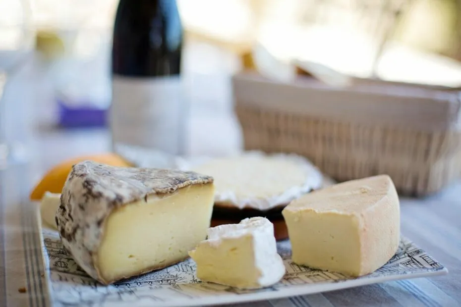 Formaggi assortiti su piatto con vino sfocato.