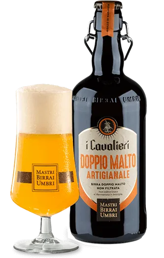 Birra doppio malto artigianale in bottiglia e bicchiere.