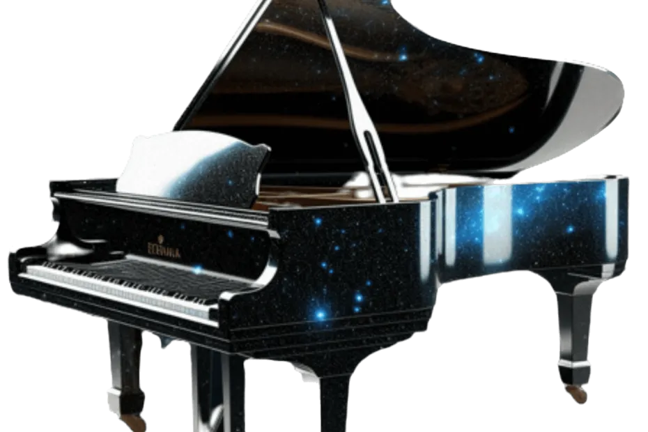 Pianoforte a coda con motivo spaziale e stelle.
