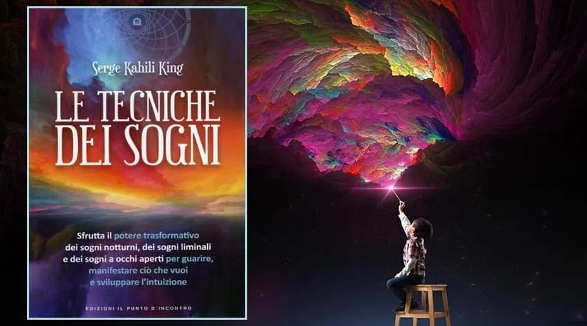 Bambino tocca arte astratta luminosa, copertina libro sogno.