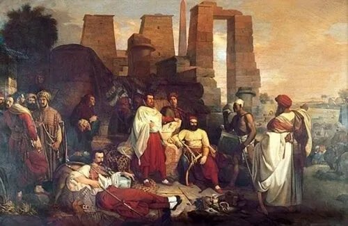 Dipinto storico con personaggi e rovine antiche.