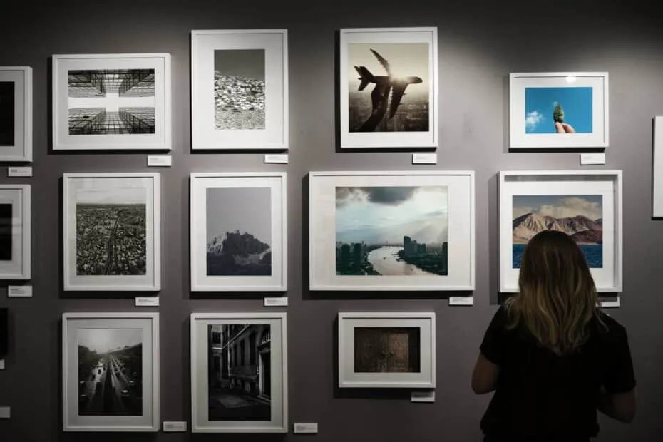 Galleria d'arte con foto varie e osservatore.