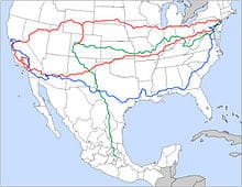 Mappa interstatale USA con autostrade evidenziate.