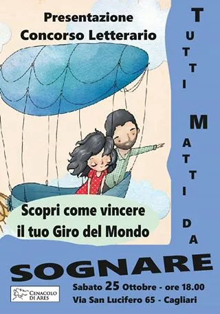 Locandina evento letterario con coppia su mongolfiera di libri.