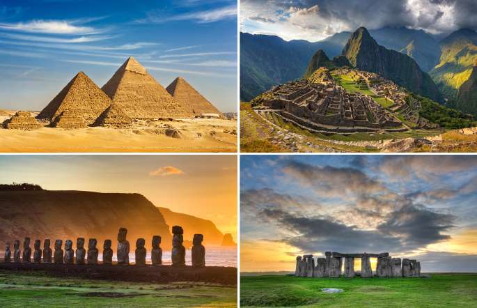 Piramidi Egitto, Machu Picchu, Moai Isola Pasqua, Stonehenge.