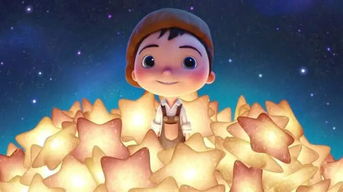 Personaggio animato tra stelle brillanti.