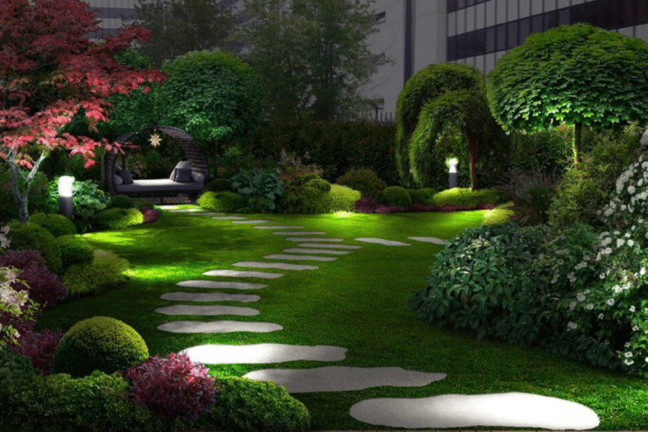 Giardino illuminato notturno con sentiero e vegetazione.