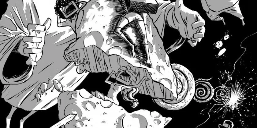 Illustrazione in bianco e nero stile fumetto.