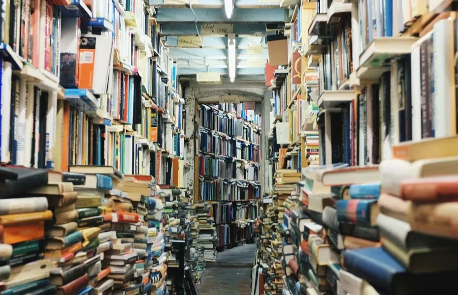 Corridoi di una libreria piena di libri.
