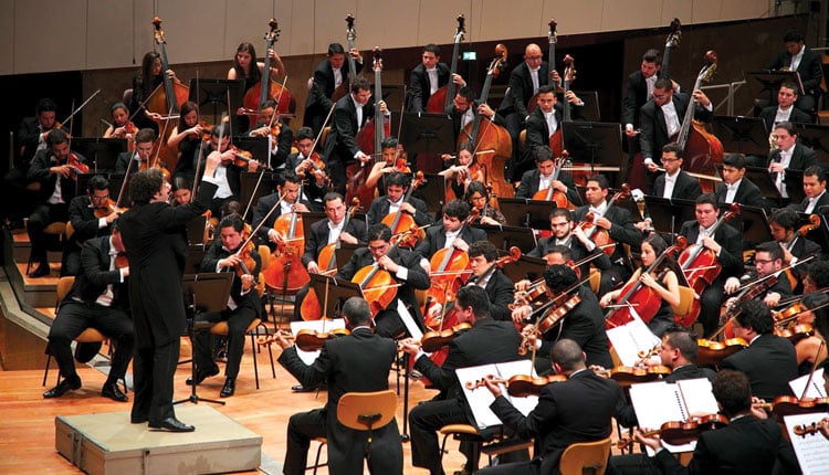 Orchestra sinfonica durante concerto dal vivo.