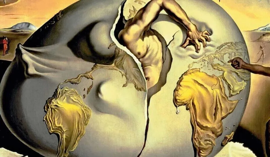 Dipinto surrealista con mappa del mondo distorta.