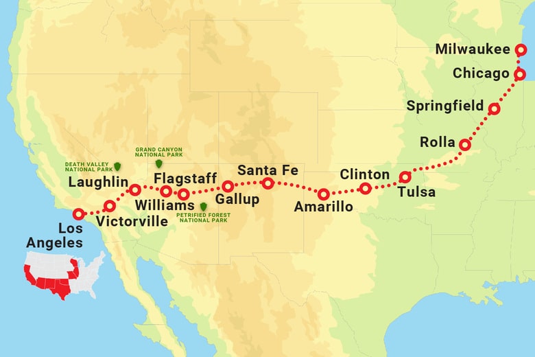 Mappa del percorso Route 66 USA.