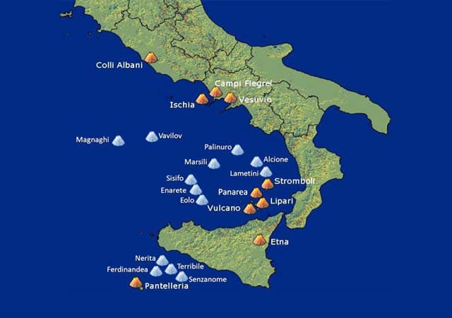 Mappa dei vulcani attivi in Italia.