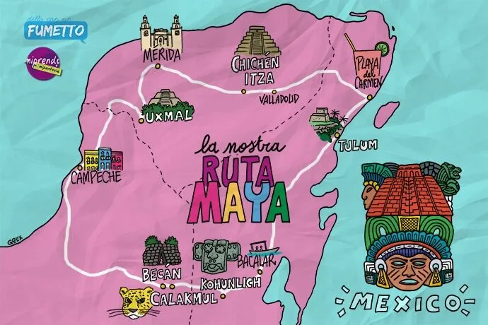 Mappa illustrata colorata del percorso turistico Ruta Maya.