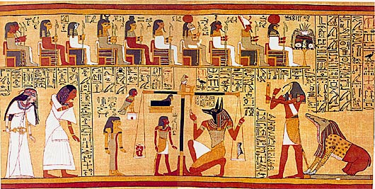 Papiro egizio con geroglifici e divinità.