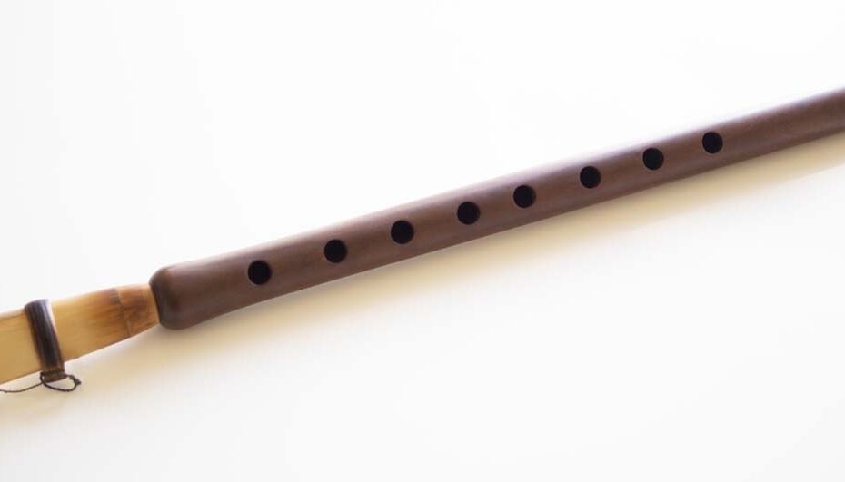 Flauto dolce in legno su sfondo bianco.