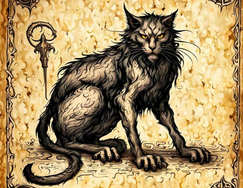 Illustrazione fantasy di un gatto gigante e maestoso.