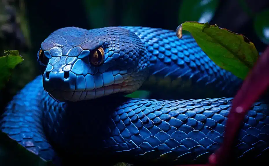 Serpente blu in primo piano tra le foglie.