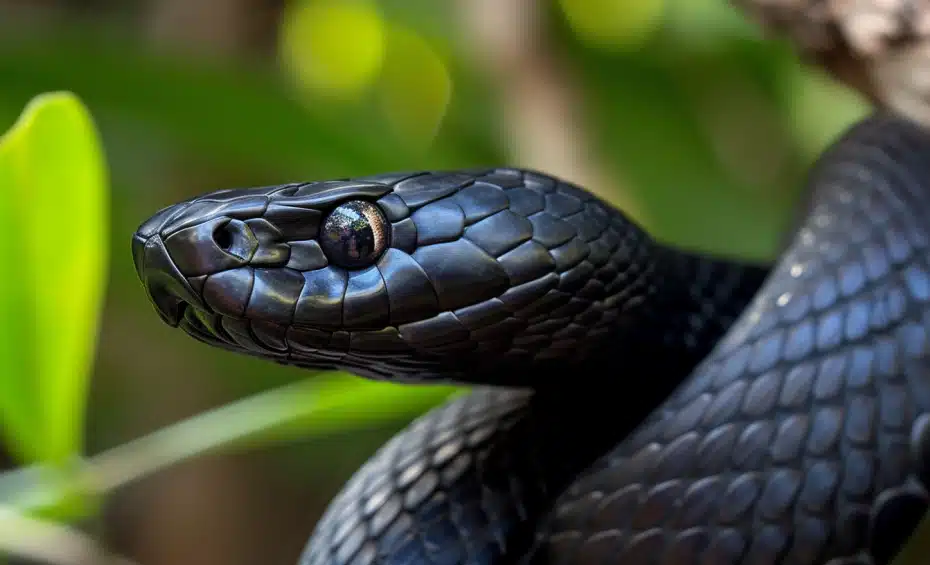 Serpente nero in primo piano su ramo verde.