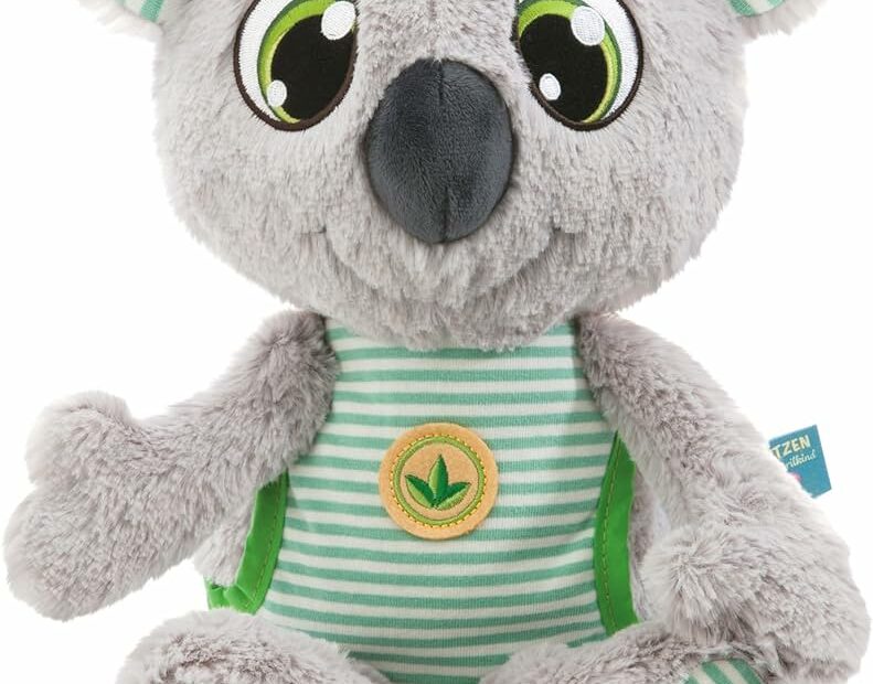 Peluche koala con maglietta a righe verdi.