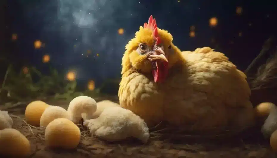 Gallina e pulcini in un'atmosfera incantata.