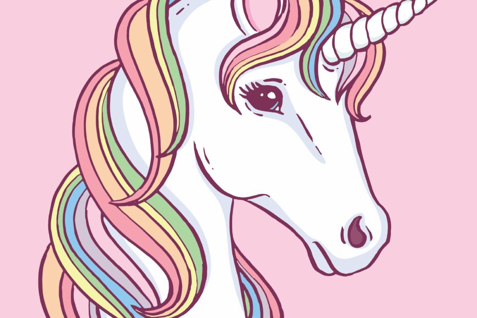Illustrazione di unicorno con criniera arcobaleno.