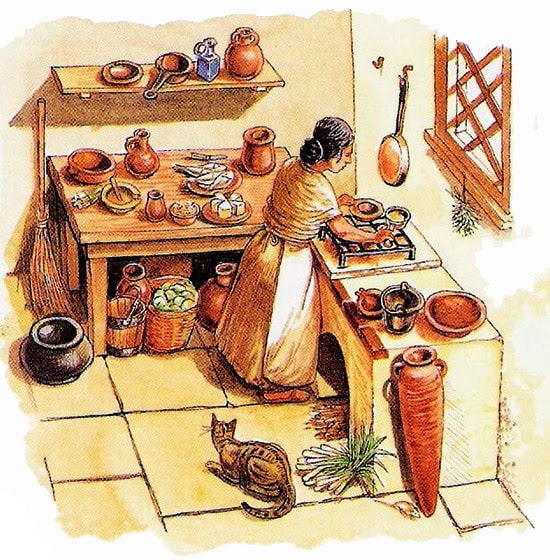 Illustrazione di cucina rustica con donna e gatto.
