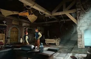 Interazione tra personaggi in ambientazione medievale animata.